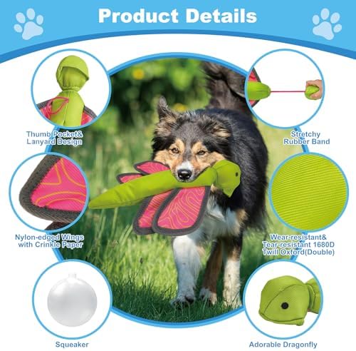 12.2 Inch Pink Green Dragonfly Slingshot Flying Dog Toy, Oxford Squeaky Crinkle Chew Toy for Fetch Training, Interactive Durable Toy for Medium Large Dogs