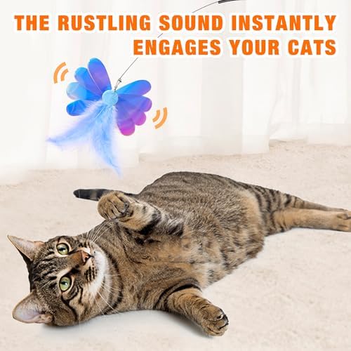 JXFUKAL Cat Feather Toy Refills, 4Pcs Simulation Butterfly Dragonfly Glitter Piece Feather Cat Lures Wand Attachment Replacement for Kitty Kitten Indoor Cats Accessories