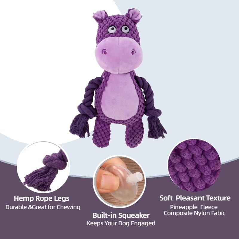 Plush Hippo Dog Toy with Squeaker and Crinkle Paper for Puppies