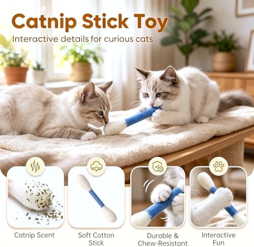 6 Pack Giant Cotton Swab Catnip Toys,Giant Qtip Cat Toy,Felt Interactive Kicker Chew Toys for Kittens & Indoor Cats, Soft Teething Toy with Organic Catnip, Eases Boredom, Cat Lover Gift(Blue)