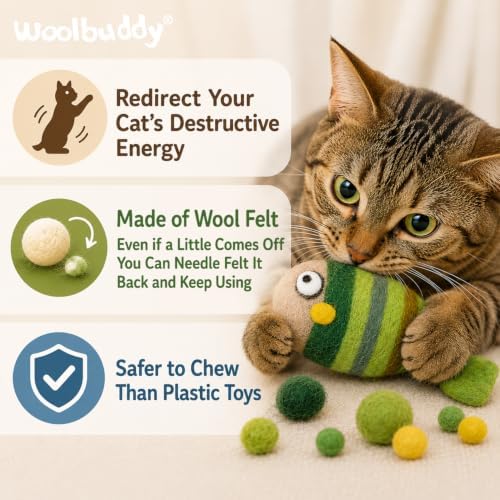 Woolbuddy Wool Cat Toys (Fish 3 PCS) Catnip-Free Kick Toys for Cats Kittens