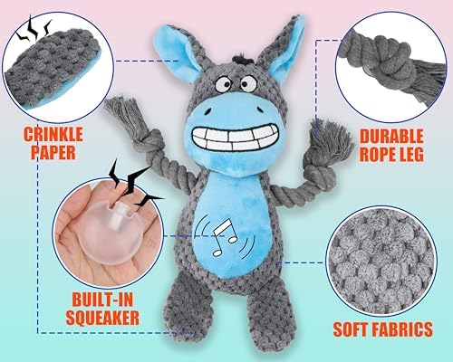 Squeaky Dog Toy Chew Plush Stuffed with Cotton Rope Crinkle Paper Soft Interactive Durable for Small Medium Large Dogs Puppy Pet Grey Donkey