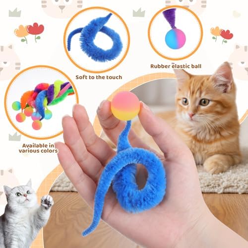 7 Pcs Cat Worm Toy with Bouncy Ball, Interactive Fuzzy Worms for Cats, Colorful Magic Worms with Tail, Cat Toys