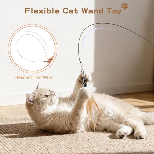 Pawaboo Cat Feather Wand Interactive Toy, 2 Feathers + 1 Wand with Bell