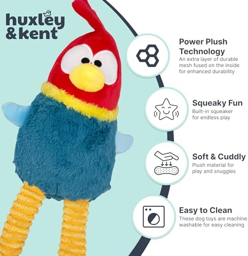 Huxley & Kent Funny Dog Toy w/Squeaker – Power Plush Squeaky Dog Toys for Small, Medium & Large Dogs – Soft Stuffed Animal for Indoor Play & Fetch - Squeak to Crunch - Lankies Red Rooster, Small