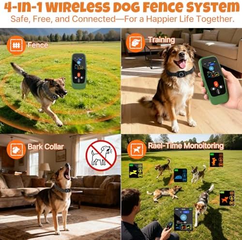 Fsitego Wireless Dog Fence System, 4‑in‑1 Electric Dog Fence with Training Collar, Remote Control & Status Monitor, Waterproof Receiver for Medium & Large Dogs, Outdoor Use