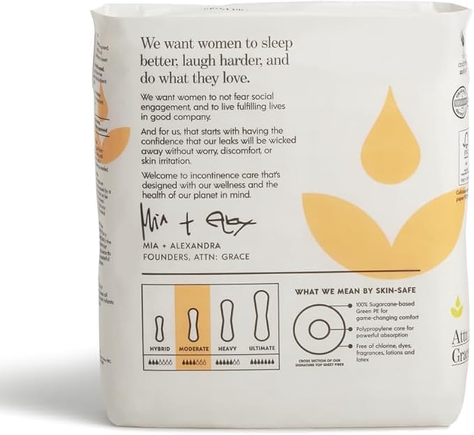 Attn: Grace Moderate Incontinence Pads for Women, 4-Pack (112 Pads Total / 28 per Pack) - Plant-Based, High Absorbency, Breathable - Incontinence Pads for Moderate Bladder Leaks & Sensitive Skin