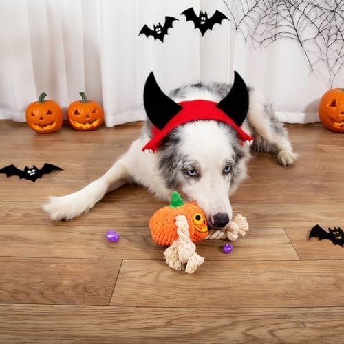 Halloween Dog Toys,Halloween Pumpkin Plush Dog Squeaky Toys with Cotton Rope for Small Medium Dogs