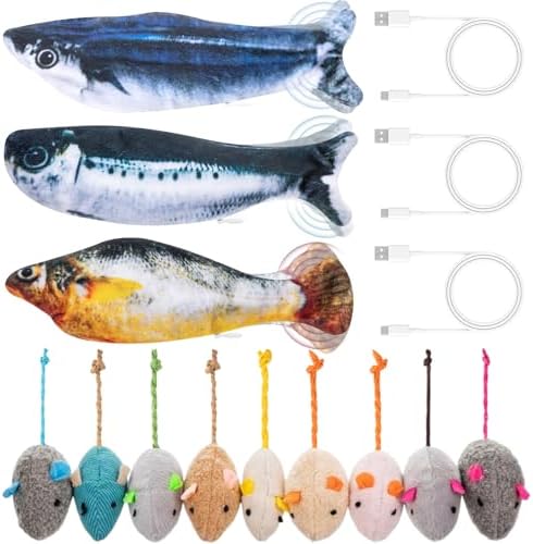 Leitee 12 Pack Cat Toys Bulk Plush Mice Realistic Flopping Fish Cat Toys Set Mouse Dog Toy for Indoor Kittens Puppies to Eliminate Boredom, Multicolored, Not Filled Catnip