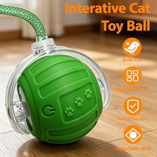 Interactive Cat Toys Ball for Indoor Cats, Automatic Self-Rolling, Motion-Activated, Bird Chirping Cats Dogs Ball Toy with Elastic Mesh Tail, Cat Enrichment Toys for Indoor Cats (Green)