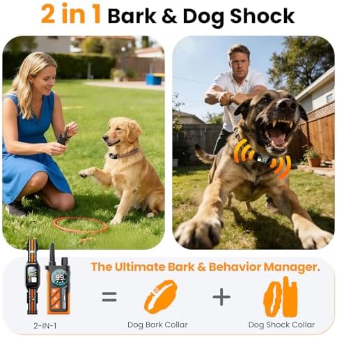 2 in 1 Dog Bark and Shock Collar - 4500FT Bark Collar with Remote Control, Anti Bark and 3 Training Modes (Tone, Vibration, Safe Shock), IP67 Waterproof, Portable Training Collar for 5-120lbs Dogs