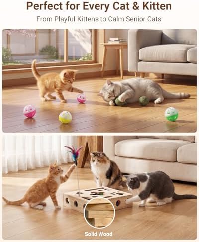 Cat Toys for Indoor Cats - Cat Nail File Box with Interactive Cat Toys, 2026 Upgraded Cat Puzzle Feeder Scratch Puzzle Toy for Indoor Cats, Natural Claw Care (Wood)