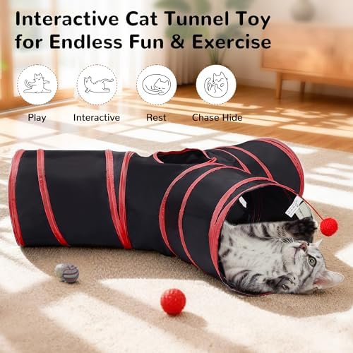 Tempcore Cat Tunnel, 3-Way Collapsible Toy for Indoor Cats, Black & Red