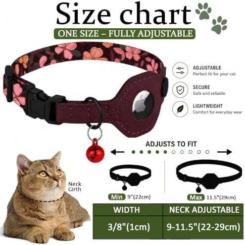 Breakaway Cat Collar with Leather AirTag Holder & Bell - Apple Air Tag Cat Collars for Girls & Boys, Lightweight Anti-Lost GPS Tracker Design, Printed Pattern - Safety and Adjustable (Crossandra)