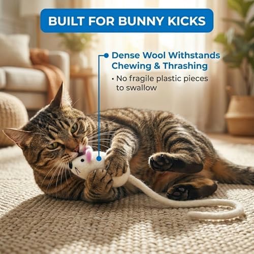 Glaciart One Mini Felt Mouse Cat Toy – Kitten & Small Cat Size, Natural Wool Catnip Toy, Soft Fuzzy Interactive Play Toy for Indoor Kittens, Safe Non-AZO Dyes, 1.4” Body with 12” Tail