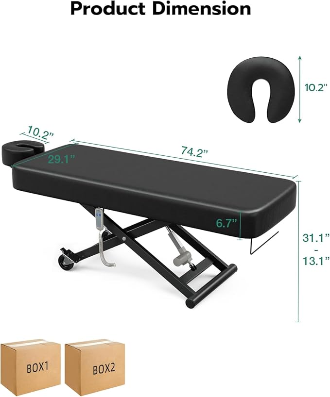 Paddie Flat Electric Lift Massage Table, Professional Spa Bed 6.7" Memory Foam with Adjustable Face Cradle and Rolling Wheels, Black