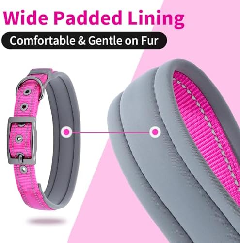 Segarty Reflective Large Dog Collar Girl Neck Size 18.9-23in, Adjustable Wide Soft Comfortable Breathable Neoprene Padded Nylon with Heavy Duty Metal Buckle for Large Medium Breeds (L, Hot Pink)