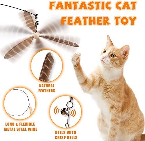 JXFUKAL Cat Wand Toys, Interactive Cat Toys with 3 Feather Refills, 29'' Flexible Steel Wire, Sturdy Wood Handle & Bell for Kitty Kitten, Cat Toys for Indoor Cats Teaser Cat String Toy