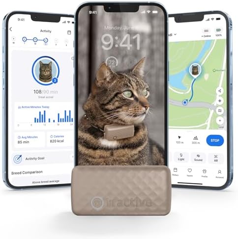 Tractive Smart Cat GPS Tracker | Real-Time Location & Wellness Monitoring for Cats 6.5 lbs+ | Territory & Location History | Up to 5-Day Battery | Breakaway Collar Included (Brown)