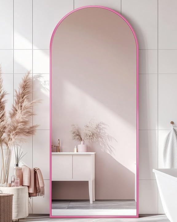 Antok 58" x19” Arched Full Length Floor Mirror, Pink Aluminum Frame, Free Standing/Wall Mount/Leaning for Bedroom, Living Room, Dressing Room