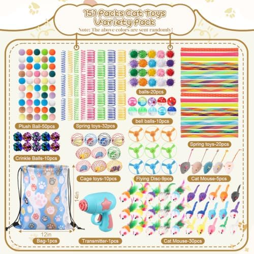 Leitee 201 Pcs Cat Toys Assortment with Gift Storage Bag, Interactive Cat Play Set for Indoor Kitten, Colorful Springs, Mouse Toys, Balls, Bells & Sisal Ball
