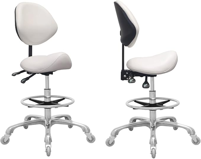 Saddle Stool Chair with Back Support Footrest, Heavy-Duty(350LBS), Hydraulic Rolling Swivel Adjustable Stool Chair for Salon Spa Beauty Massage Dental Clinic Home Office Use(White)