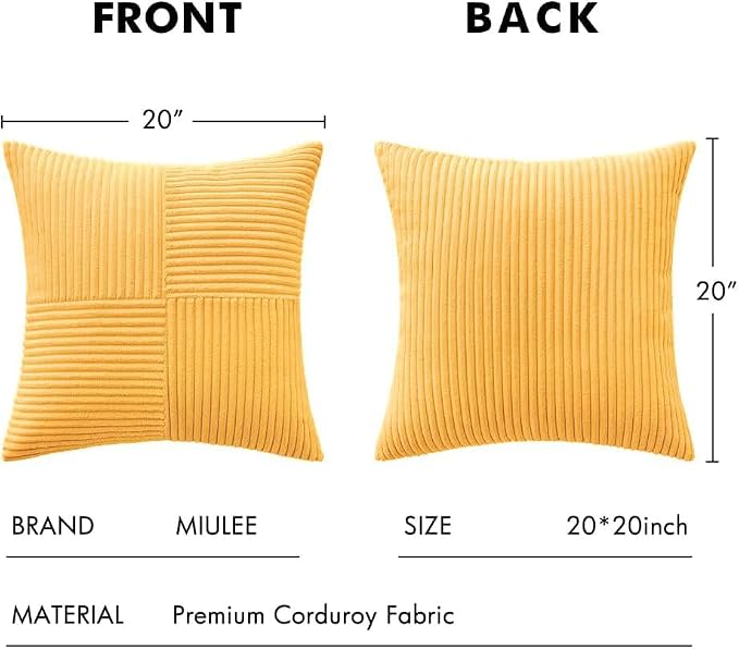 MIULEE Yellow Decorative Throw Pillow Covers for Couch 18x18 Inch | 2 Pack, Boho Farmhouse Pillow Covers, Soft Cross Corduroy Patchwork Textured Cushion Cases For Bed Sofa