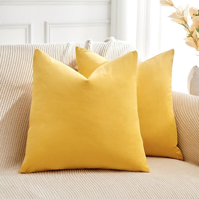 Throw Pillow Covers Yellow Set of 2 18x18 Inch Pillow Covers, Soft Velvet Fall Decorative Cases for Couch Sofa Bed, Home Boho Decor, Modern Farmhouse Cushion Covers