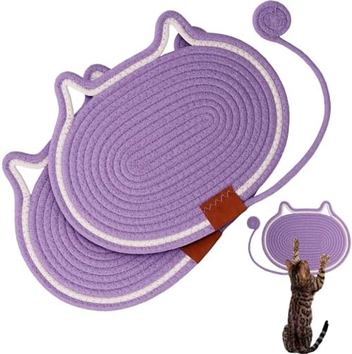 Cat Scratcher Mat Natural Cotton Rope Oval Horizontal Floor Cat Scratch Bed Pad with Ball Toy Protector for Furniture Floor Wall (Purple, 2 PC)