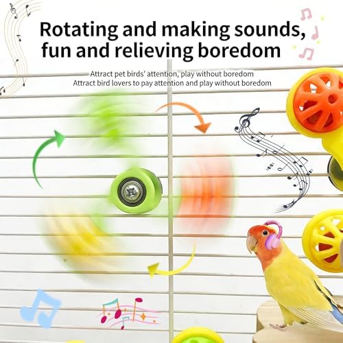Spinning Bird-Toys Bird Cage Toys & Bird Perch Parrot-Parakeet Budgie Cockatiel Conure Macaw Chicken Parrot Enrichment Cage Accessories Small Animal Chewing Toy (Yellow Spinner Bell)
