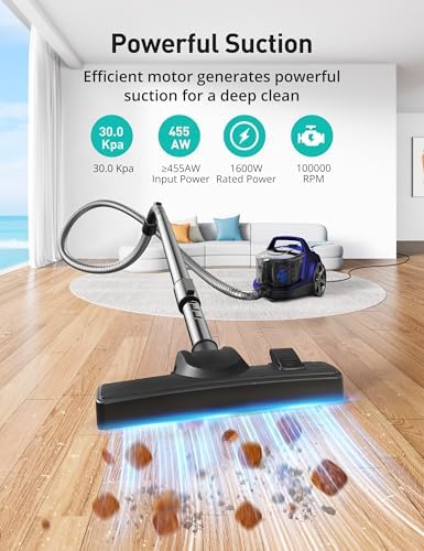 Aspiron Canister Vacuum, Upgraded 1600W Bagless Canister Vacuum Cleaner | Auto Cord Rewind, H13 HEPA Filter, 4Qt Large Capacity, 5 Tools for Hard Floors, Carpet, Pet, Upholstery, Tiles, Navy