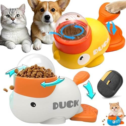 Duck Cat Treat Dispenser, 2026 New Duck Puzzle Feeder for Cats, Duckie Cat Feeder, Yellow Ducks Cat Feeder Toy, Food Dispenser Toy with Button, 2-in-1 Interactive Toy & Slow Feeder (2PC-Y+W)