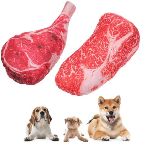 2Pcs Dog Chew Toys, Artificial Steak Plush Squeaky Dog Toys for Interactive