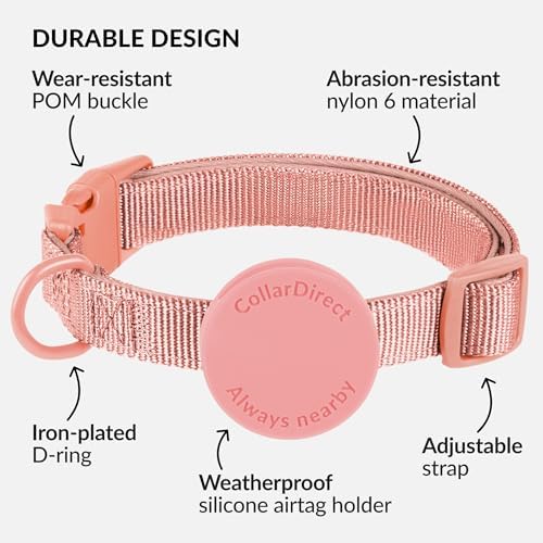 CollarDirect Airtag Nylon Dog Collar Silicon Holder Designed for Apple Airtag with QR Tags Personalized Dogs Puppies 5 Colors Black Pink Violet Green Orange (Pink, S)
