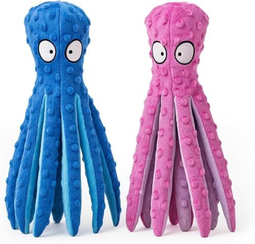 Squeaky Octopus Dog Toy – No Stuffing, Crinkle Sound Plush Chew Toy for Small and Medium Dogs – Durable and Machine Washable – 2 Pack (Blue & Pink)