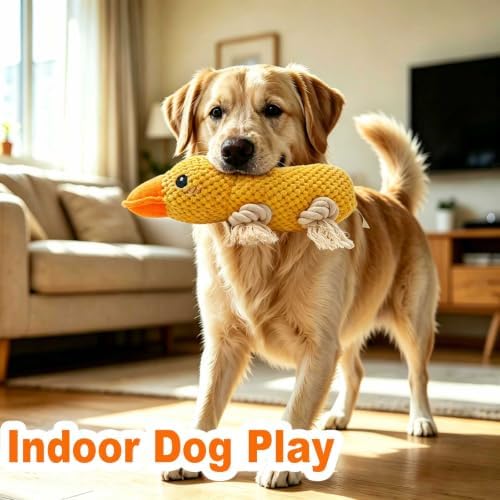 Yellow Duck Plush Chew Dog Toy, 11.2 in, Squeaker and Rope