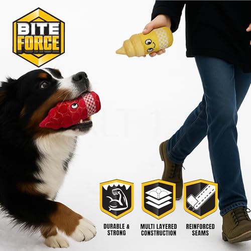 Bite Force Dog Toy - Drizzle & Dollop Squeaky 2 Pack Dog Toys Kevlar-Reinforced for Aggressive Chewers- red and Yellow.