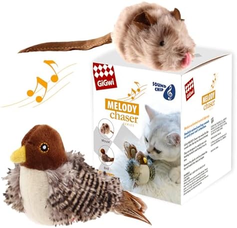 Gigwi Automatic Cat Toys Pack, Interactive Electronic Squeaky Animals Bird and Mouse, Plush Toys for Cats to Play Alone, 2 Pcs
