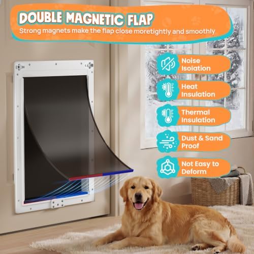 Extra Large Plastic Dog Door, Never Rust Doggy Door, Doggie Door for Interior and Exterior Doors, XLarge Plastic Pet Door with Double Magnetic Flaps, Closing Panel, Pet Up to 220 LBS (White)