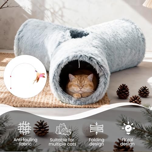 Tempcore Plush Cat Tunnel, 3-Way Collapsible Toy for Indoor Cats, Grey