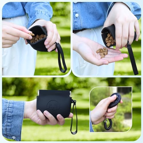 WALLFID Silicone Dog Treat Pouch, Auto Closure, with Pet Training Clicker, Walking Bag for Dog and Cat, Pocket Size, Easy to Clean, Odorless, Travel Bag (Black)