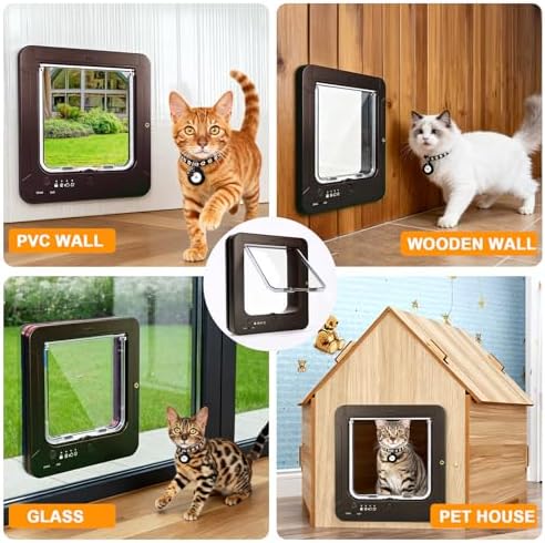 Smart Cat Door for Interior & Exterior, Cat Pet Door with 3 Collar Sensor Keys & 1 Remote Control & 4 Way Locking Cat Flap with RFID Collar Activated Opening SmartPetDoor