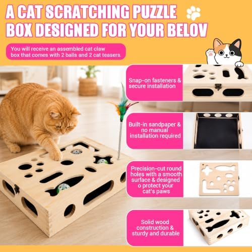 Large Cat Nail File Box, Sturdy Wood with 3 Small Balls & 2 Cat Teaser