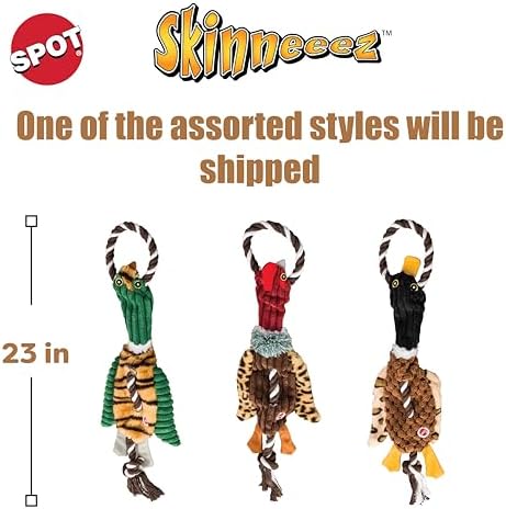 SPOT Skinneeez Duck Tug Dog Toy – 23in Stuffing Free Rope Handle Tug & Squeak Toy, Durable Multi-Texture for Moderate Chewers, Medium & Large Dogs, Assorted Style (1 Piece)