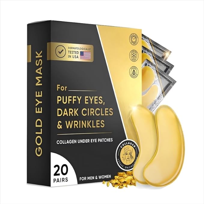 24K Gold Eye Mask for Puffy Eyes, Dark Circles & Wrinkles - Luxurious Under Eye Patches,Eye Patches for Puffy Eyes(Men & Women,20pairs)