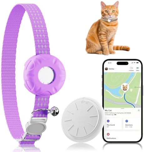 GPS Tracker, Bluetooth Mini GPS Dog Tracker, Cats Tracker Including Cat Collars, No Monthly Fee Cat GPS Tracker, Work with Find My APP (Only iOS), Finder Tag for Pets, Items etc, Purple