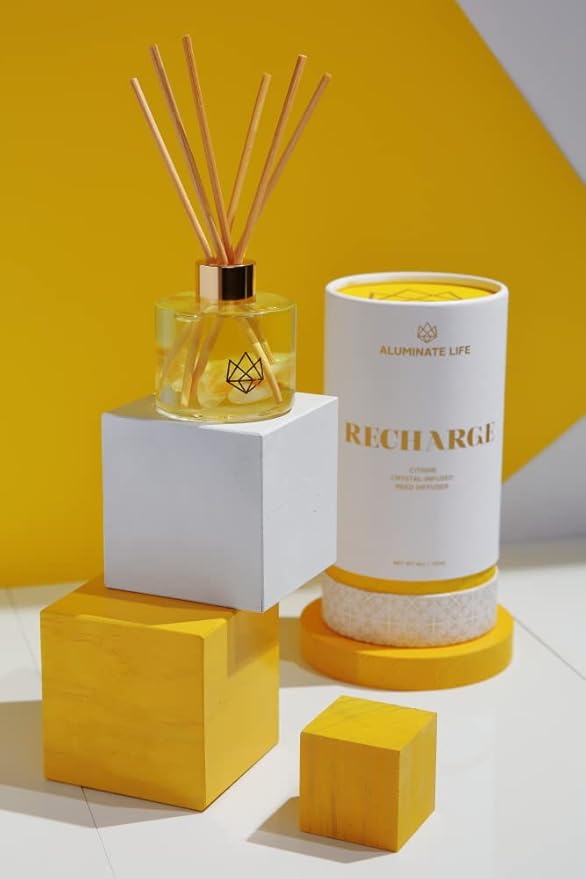 Citrine Crystal Infused Reed Diffuser, 4 OZ, Recharge - Scents of Lemongrass, Geranium & Basil for Inspiration & Creativity - Perfect for Meditation Spaces, Yoga Studios, Bedside Tables