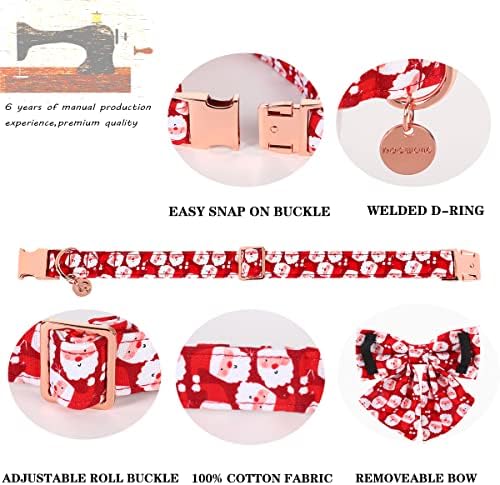 DOGWONG Christmas Dog Collar with Sailor Bow, Red Santa Claus Dog Collar Soft Durable Adjustable Cotton Puppy Collar for Small Medium Large Dog