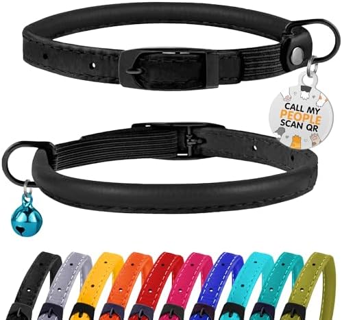 BRONZEDOG Cat Collar with Bell Kitten Rolled Leather Collars Safety QR ID Name Tag (Black Midnight)