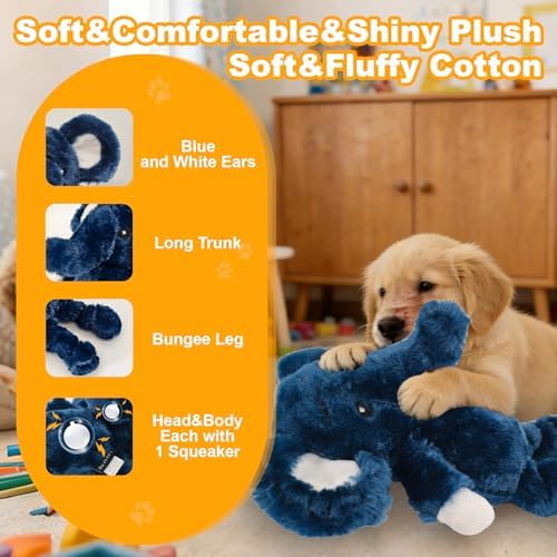 12.01 Inch Blue Elephant Squeaky Dog Toy, Plush Chew Toy with Bungee Legs for Puppy Teething, Indoor Outdoor Interactive Toy for All Dog Sizes